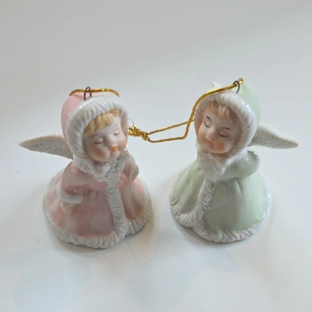 Angel Bell Ornaments - Kissing Angel Bell Ornament Figure Set With Glitter Trim